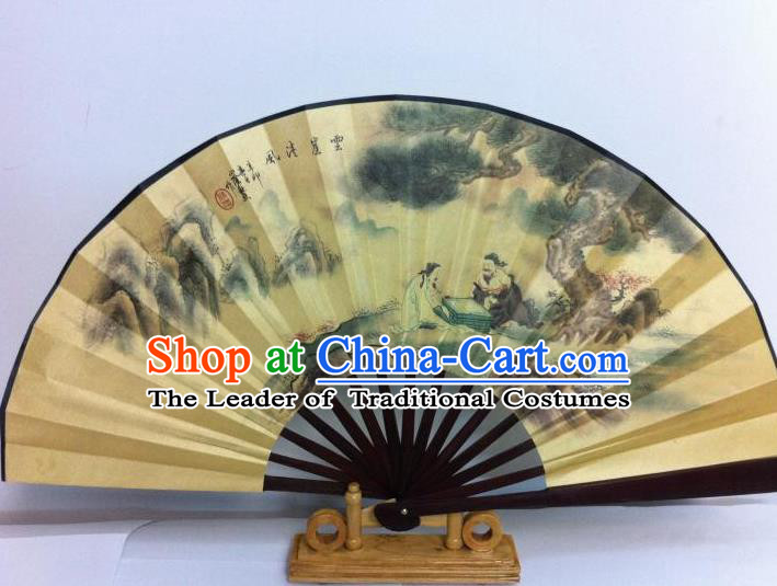 Traditional Chinese Crafts Peking Opera Folding Fan China Sensu Printing Chinese Poet Playing Chess Silk Fan for Men