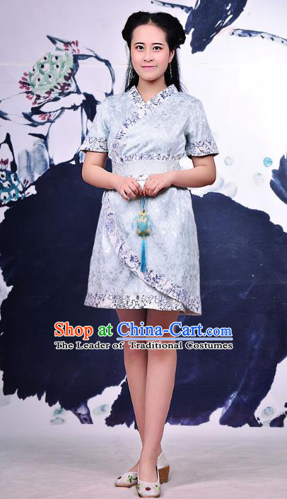 Traditional Ancient Chinese Young Women Cheongsam Blue Dress, Republic of China Tangsuit Brocade Cheongsam for Women