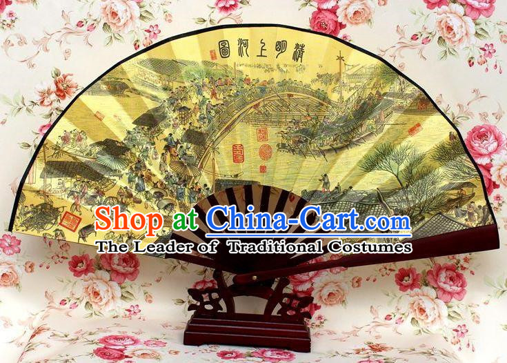 Traditional Chinese Crafts Peking Opera Folding Fan China Sensu Handmade Chinese Ink Painting Riverside Scene at Qingming Festival Silk Fan for Men