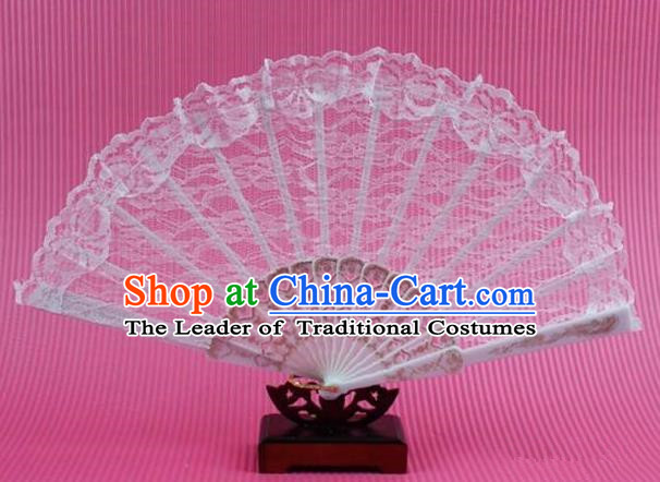 Traditional Chinese Crafts Peking Opera Folding Fan China Sensu Handmade Chinese Dance White Lace Fan for Women