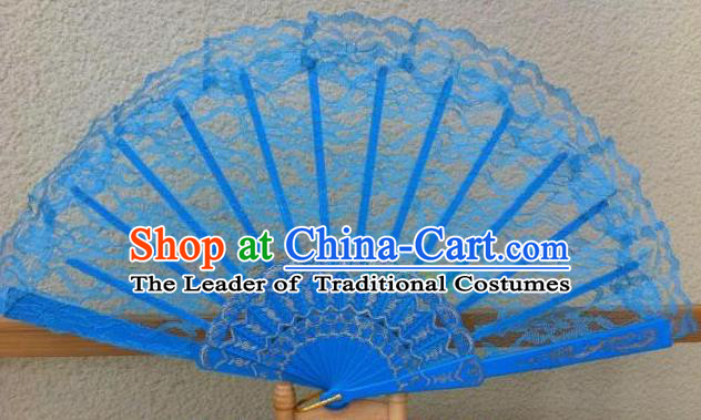 Traditional Chinese Crafts Peking Opera Folding Fan China Sensu Handmade Chinese Dance Blue Lace Fan for Women