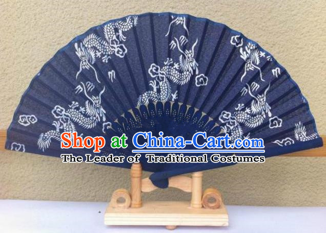 Traditional Chinese Crafts Peking Opera Folding Fan China Sensu Handmade Chinese Painting Dragons Navy Fan for Women