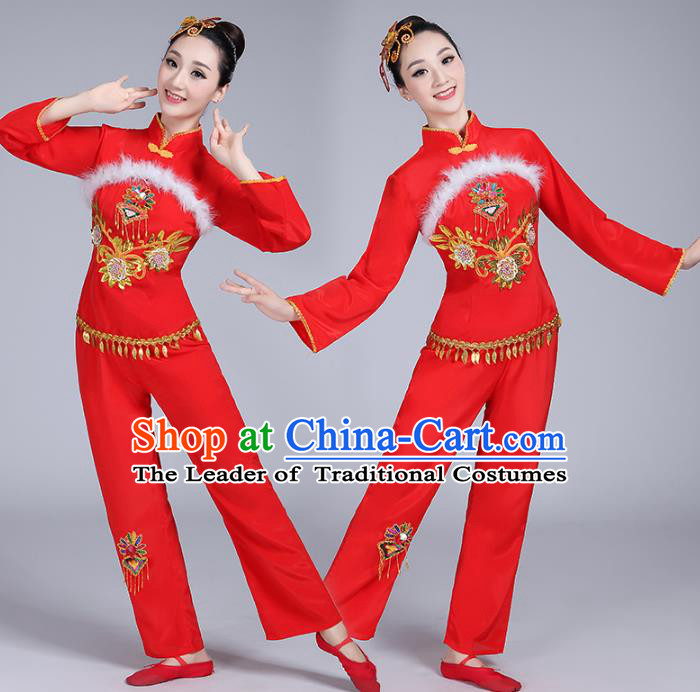 Traditional Chinese Classical Dance Yangge Fan Dance Embroidery Costume, Folk Dance Drum Dance Clothing Yangko Red Uniform for Women