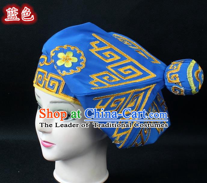 Traditional China Beijing Opera Takefu Hat, Ancient Chinese Peking Opera Martial Arts Men Headwear Embroidery Blue Kerchief