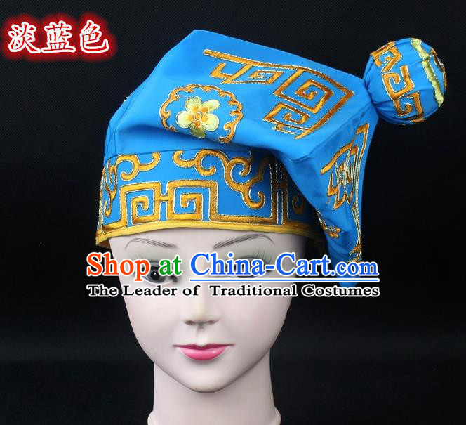 Traditional China Beijing Opera Takefu Hat, Ancient Chinese Peking Opera Martial Arts Men Headwear Embroidery Light Blue Kerchief