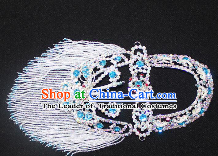 Traditional China Beijing Opera Young Lady Hair Accessories Head-ornaments, Ancient Chinese Peking Opera Hua Tan Headwear Diva Blue Crystal Headpiece