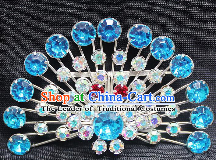 Traditional China Beijing Opera Young Lady Jewelry Accessories Collar Brooch, Ancient Chinese Peking Opera Hua Tan Diva Blue Crystal Fanshaped Breastpin