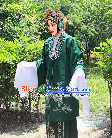 Traditional China Beijing Opera Young Lady Hua Tan Costume Embroidered Dark Green Cape, Ancient Chinese Peking Opera Female Diva Embroidery Dress Clothing