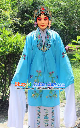 Traditional China Beijing Opera Young Lady Hua Tan Costume Embroidered Water Sleeve Blue Cape, Ancient Chinese Peking Opera Female Diva Embroidery Dress Clothing