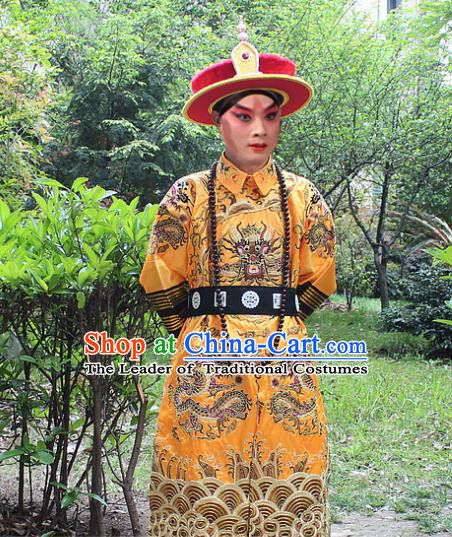 Traditional China Beijing Opera Costume Qing Dynasty Emperor Embroidered Robe and Headwear, Ancient Chinese Peking Opera Embroidery Dragon Gwanbok Clothing