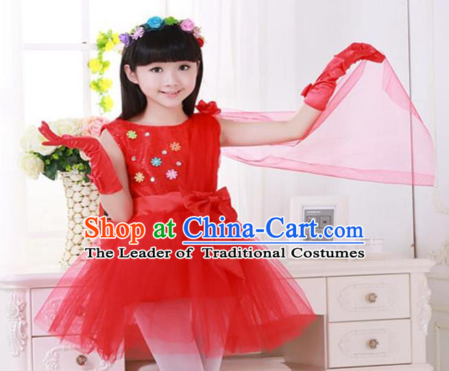 Top Grade Chinese Compere Professional Performance Catwalks Costume, Children Princess Red Veil Bubble Dress Modern Dance Dress for Girls Kids