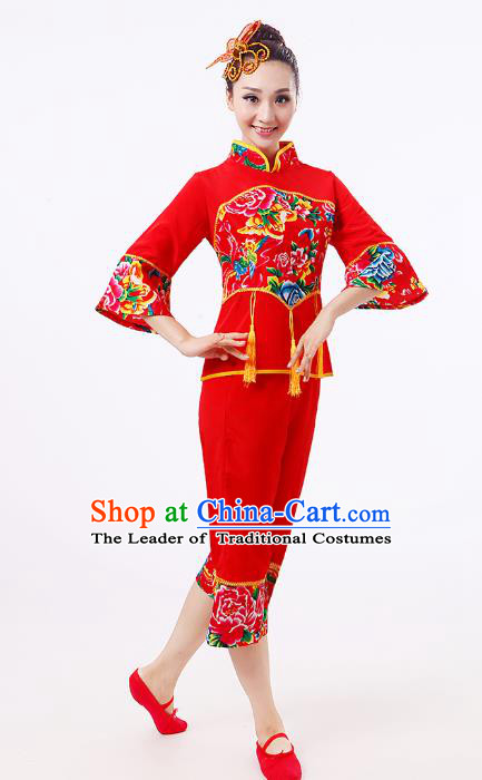 Traditional Chinese Classical Dance Yangge Fan Dance Red Costume, Folk Dance Waist Drum Dance Clothing Yangko Uniform for Women