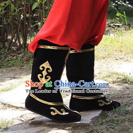 Traditional China Beijing Opera Warrior Embroidered Shoes, Ancient Chinese Peking Opera Soldier Takefu Black Boots