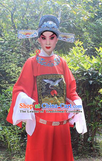 Traditional China Beijing Opera Niche Costume Lang Scholar Red Embroidered Robe and Headwear, Ancient Chinese Peking Opera Embroidery Magistrate Gwanbok Clothing