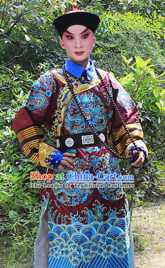 Traditional China Beijing Opera Niche Costume Qing Dynasty Eunuch Embroidered Robe and Hat, Ancient Chinese Peking Opera Manchu Royal Highness Embroidery Purple Gwanbok Clothing