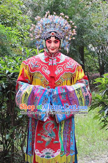 Traditional China Beijing Opera Palace Lady Hua Tan Costume Imperial Princess Red Embroidered Robe and Headwear, Ancient Chinese Peking Opera Female Diva Embroidery Dress Clothing