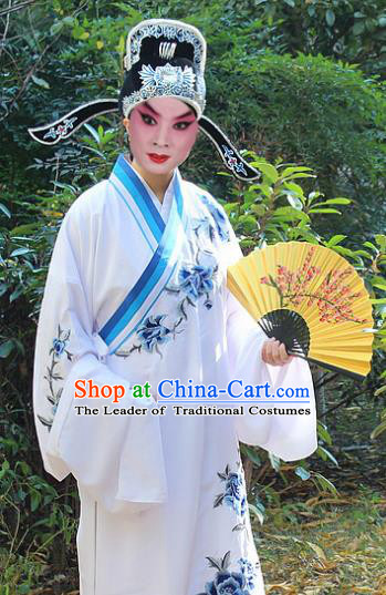 Traditional China Beijing Opera Niche Costume Scholar Embroidered Robe and Headwear, Ancient Chinese Peking Opera Embroidery Peony Gwanbok Clothing