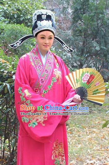 Traditional China Beijing Opera Niche Costume Scholar Peach Pink Embroidered Robe and Hat, Ancient Chinese Peking Opera Embroidery Chrysanthemum Clothing