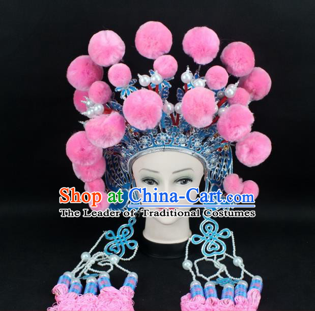 Traditional China Beijing Opera Swordplay Hair Accessories Pink Venonat Hat, Ancient Chinese Peking Opera Blues Headwear Phoenix Coronet