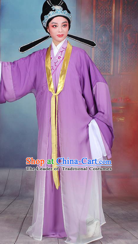 Traditional China Beijing Opera Niche Costume Gifted Scholar Embroidered Robe and Headwear, Ancient Chinese Peking Opera Embroidery Purple Clothing