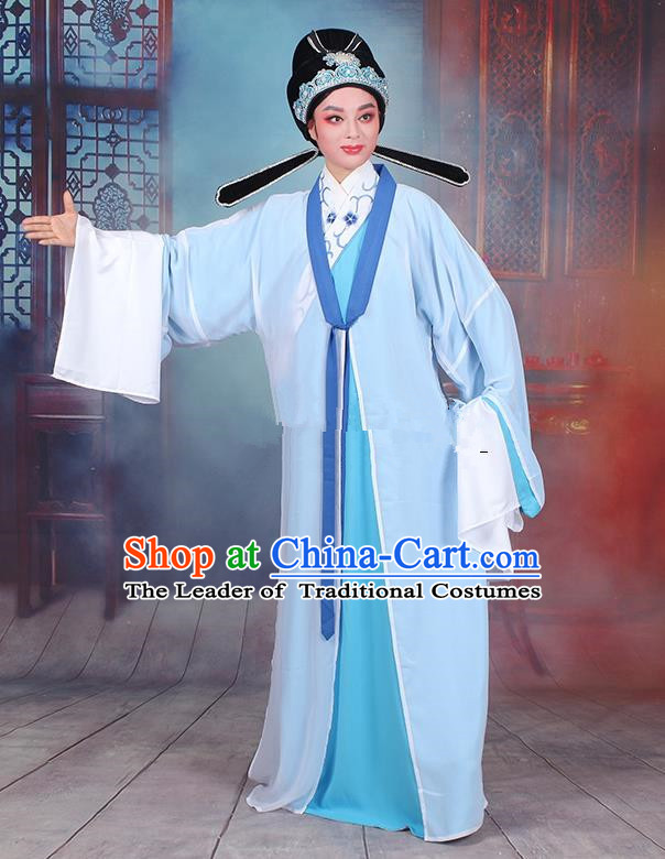 Traditional China Beijing Opera Niche Costume Gifted Scholar Embroidered Robe and Headwear, Ancient Chinese Peking Opera Embroidery Blue Clothing