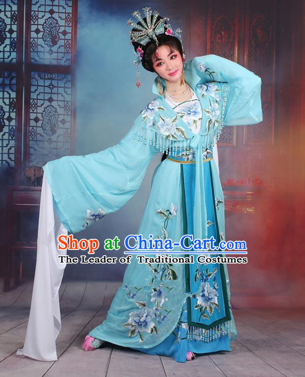 Traditional China Beijing Opera Young Lady Hua Tan Costume Imperial Concubine Blue Embroidered Cape, Ancient Chinese Peking Opera Diva Embroidery Peony Dress Clothing