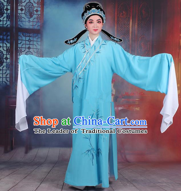 Traditional China Beijing Opera Niche Costume Gifted Scholar Sky Blue Embroidered Robe and Headwear, Ancient Chinese Peking Opera Embroidery Bamboo Clothing