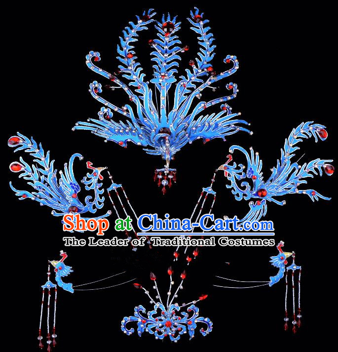 Traditional China Beijing Opera Young Lady Hair Accessories Blue Phoenix Head-ornaments Complete Set, Ancient Chinese Peking Opera Hua Tan Headwear Diva Headpiece