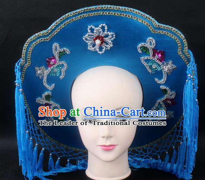 Traditional China Beijing Opera Hair Accessories Fisher-Woman Blue Hat, Ancient Chinese Peking Opera Swordplay Helmet Headwear