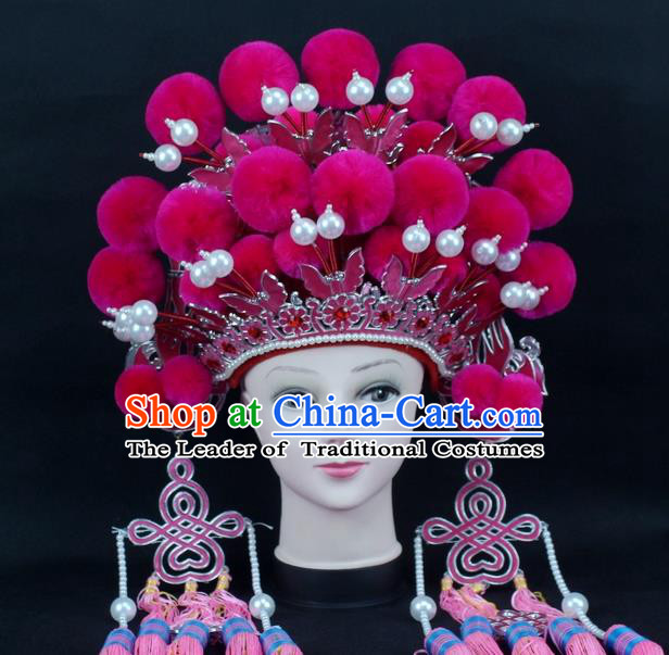 Traditional China Beijing Opera Young Lady Hair Accessories Female General Helmet, Ancient Chinese Peking Opera Swordplay Rosy Venonat Headwear