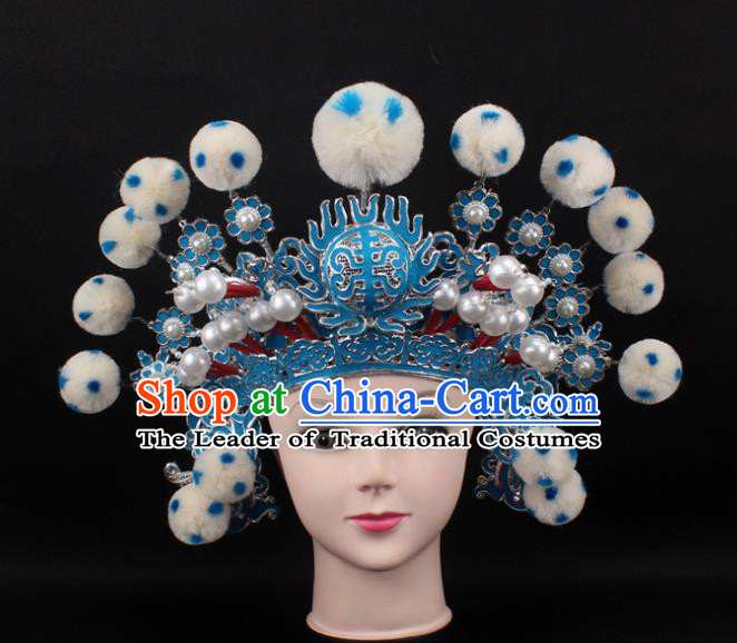 Traditional China Beijing Opera Hair Accessories White Venonat General Hat, Ancient Chinese Peking Opera Takefu Helmet Headwear