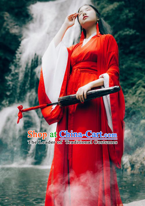 Traditional Chinese Han Dynasty Chivalrous Woman Costume, Elegant Hanfu Clothing Chinese Ancient Swordswoman Red Dress Clothing