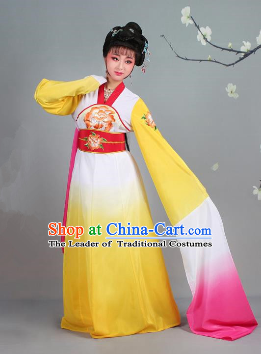 Traditional China Beijing Opera Palace Lady Hua Tan Costume Gradient Yellow Water Sleeve Dress, Ancient Chinese Peking Opera Diva Senior Concubine Embroidery Clothing