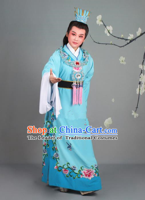 Traditional China Beijing Opera Niche Costume Gifted Scholar Jia Baoyu Blue Embroidered Robe and Hat, Ancient Chinese Peking Opera Young Men Embroidery Peony Clothing