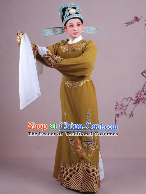 Traditional China Beijing Opera Niche Costume Lang Scholar Ginger Embroidered Robe and Hat, Ancient Chinese Peking Opera Magistrate Embroidery Dragons Gwanbok Clothing