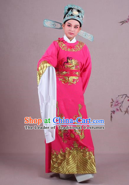 Traditional China Beijing Opera Niche Costume Lang Scholar Rosy Embroidered Robe and Hat, Ancient Chinese Peking Opera Emperor Son-in-law Embroidery Gwanbok Clothing