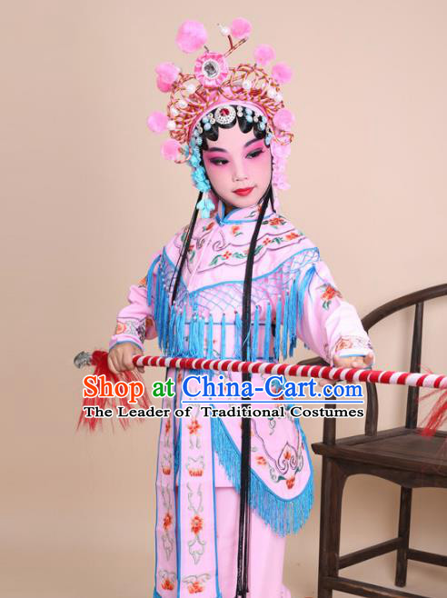 Traditional China Beijing Opera Swordplay Costume Female Warriors Pink Embroidered Robe with Cloak, Ancient Chinese Peking Opera Blues Embroidery Clothing for Kids