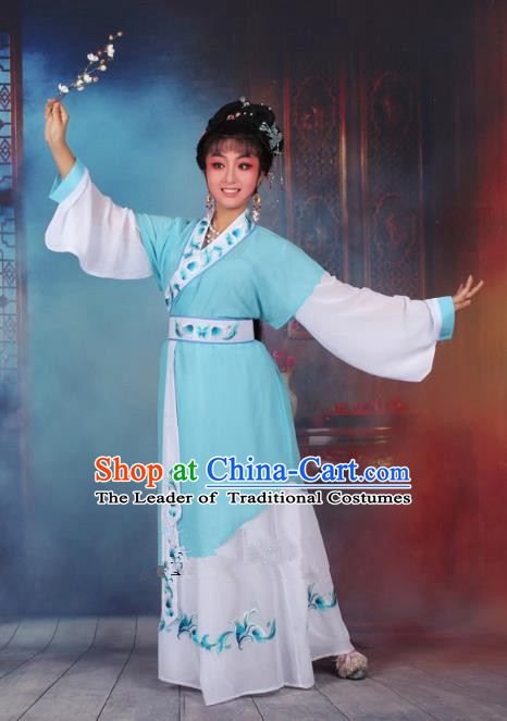 Top Grade Professional Beijing Opera Young Lady Costume Servant Girl Blue Embroidered Dress, Traditional Ancient Chinese Peking Opera Maidservants Embroidery Clothing