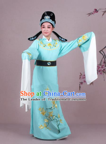 Traditional China Beijing Opera Niche Costume Blue Embroidered Robe and Headwear, Ancient Chinese Peking Opera Embroidery Mangnolia Lang Scholar Clothing