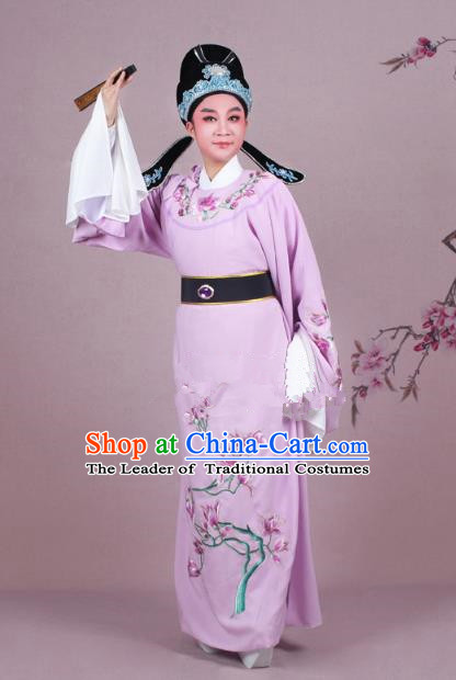 Traditional China Beijing Opera Niche Costume Pink Embroidered Robe and Headwear, Ancient Chinese Peking Opera Embroidery Mangnolia Lang Scholar Clothing