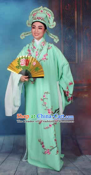 Top Grade Professional Beijing Opera Niche Costume Gifted Scholar Green Embroidered Robe, Traditional Ancient Chinese Peking Opera Embroidery Wintersweet Clothing