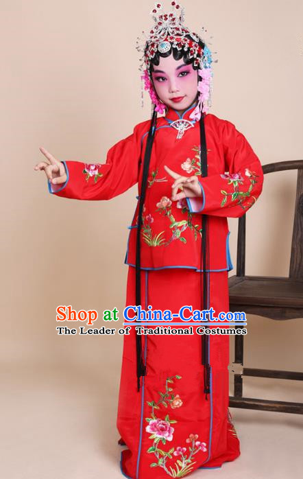 Top Grade Professional Beijing Opera Mui Tsai Costume Red Embroidered Clothing, Traditional Ancient Chinese Peking Opera Maidservants Embroidery Clothing for Kids