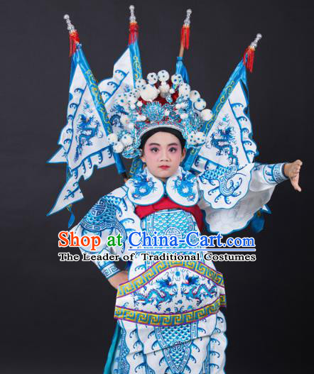 Traditional China Beijing Opera Takefu General Costume and Headwear Complete Set, Ancient Chinese Peking Opera Wu-Sheng Military Officer Embroidery White Clothing for Kids