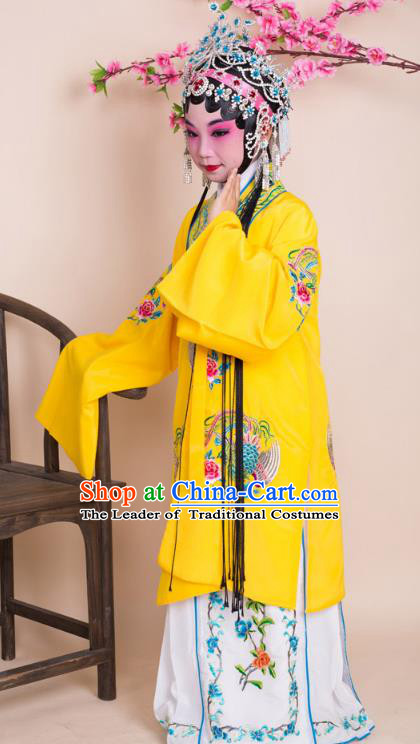 Top Grade Professional China Beijing Opera Costume Yellow Embroidered Dress and Headwear, Ancient Chinese Peking Opera Diva Hua Tan Embroidery Phoenix Clothing for Kids