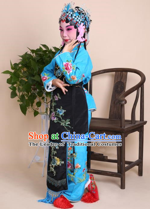 Top Grade Professional Beijing Opera Young Lady Costume Blue Embroidered Clothing, Traditional Ancient Chinese Peking Opera Maidservants Embroidery Clothing for Kids
