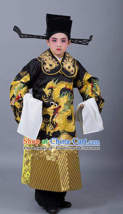 Traditional China Beijing Opera Costume Prime Minister Embroidered Robe and Headwear, Ancient Chinese Peking Opera Bao Zheng Embroidery Dragon Gwanbok Clothing for Kids