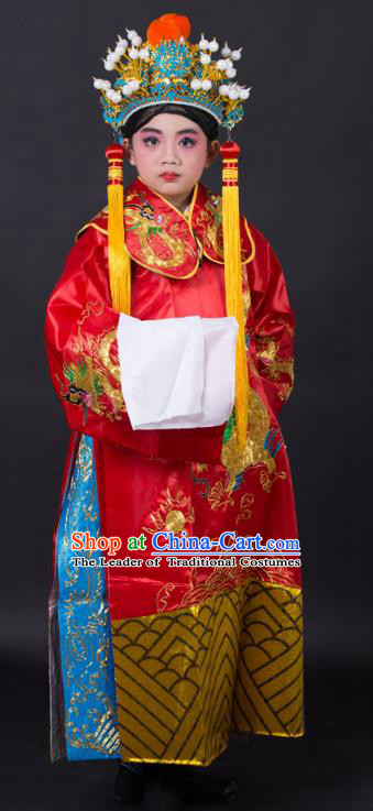 Traditional China Beijing Opera Costume Prime Minister Embroidered Robe and Headwear, Ancient Chinese Peking Opera God of Wealth Embroidery Gwanbok Clothing for Kids