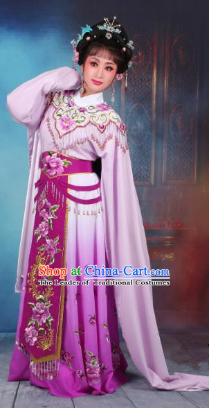 Top Grade Professional Beijing Opera Diva Costume Hua Tan Purple Embroidered Dress, Traditional Ancient Chinese Peking Opera Princess Embroidery Peony Clothing