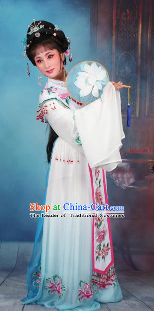 Top Grade Professional Beijing Opera Diva Costume Palace Lady Blue Embroidered Dress, Traditional Ancient Chinese Peking Opera Princess Embroidery Peony Clothing