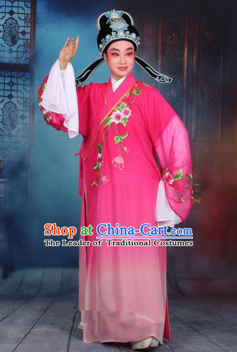 Top Grade Professional Beijing Opera Gifted Scholar Costume Niche Embroidered Rosy Robe and Headwear, Traditional Ancient Chinese Peking Opera Embroidery Clothing